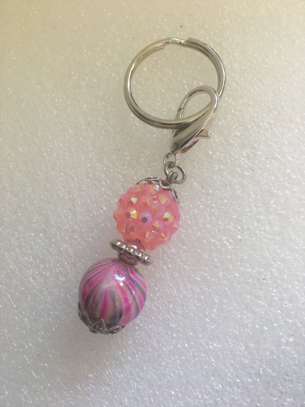 Acrylic Beaded Keychain – Pink Marble & Iridescent Charm